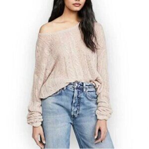 Free People Sweater Womens Small Beige Angel Pointelle Knit Slouchy Lightweight